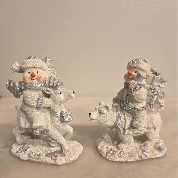 Snowmans Riding Polar Deer /Bear Resin Figurines Cornerstone Creations Vntg 2000 - Picture 1 of 12
